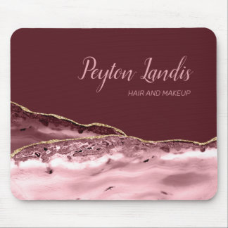 Elegant Burgundy Pink Marble Name Business Mouse Mat