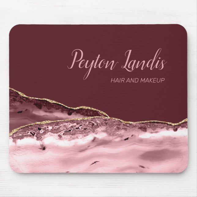 Elegant Burgundy Pink Marble Name Business  Mouse Mat (Front)