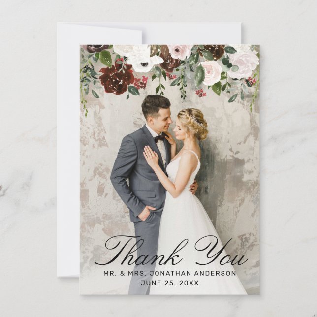 Elegant Burgundy Pink Rose Floral 2 Photo Wedding Thank You Card (Front)