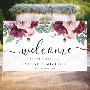 Elegant Burgundy Pink Rose Floral Wedding Welcome Banner