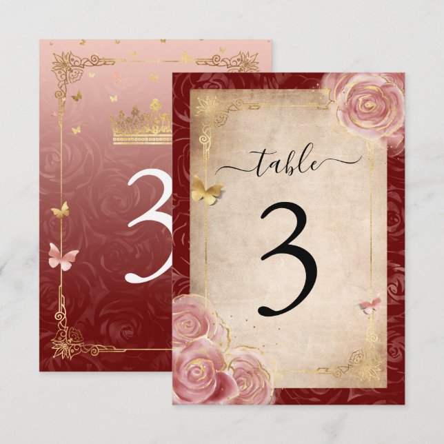 Elegant Burgundy Pink Rose Gold Table Number Cards (Front/Back)