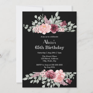 Elegant Burgundy Pink Rose Greenery Flora Birthday Invitation
