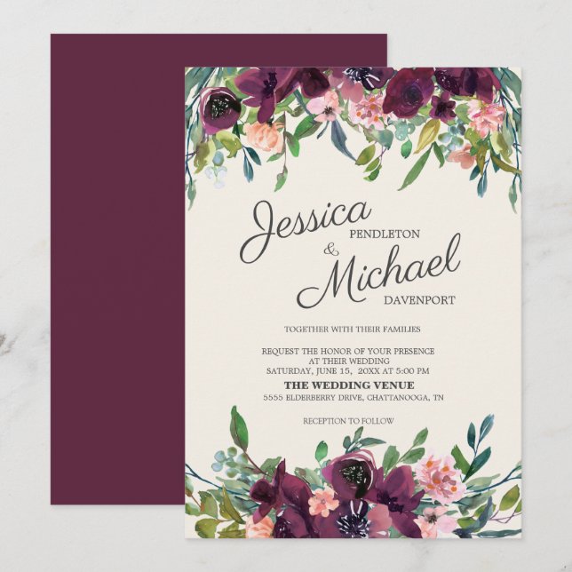 Elegant Burgundy Pink Watercolor Floral Invitation (Front/Back)