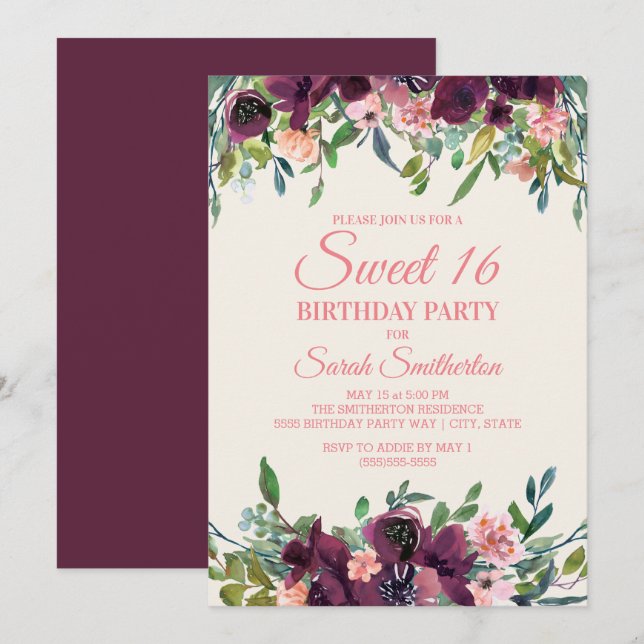 Elegant Burgundy Pink Watercolor Floral Sweet 16 Invitation (Front/Back)