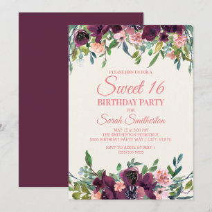 Elegant Burgundy Pink Watercolor Floral Sweet 16 Invitation