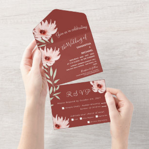 Elegant Burgundy Pink Watercolor Floral Wedding All In One Invitation