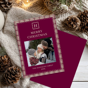 Elegant Burgundy Plaid Merry Christmas Family  Holiday Card