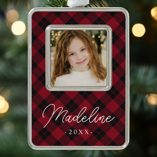 Elegant Burgundy Plaid Photo Silver Plated Framed Ornament
