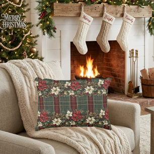 Elegant Burgundy Plaid Poinsettia Christmas Decorative Cushion