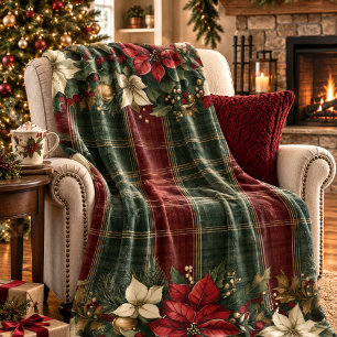 Elegant Burgundy & Plaid Poinsettia Christmas Fleece Blanket