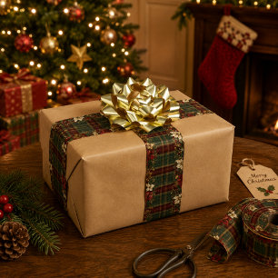 Elegant Burgundy Plaid & Poinsettia Christmas Satin Ribbon