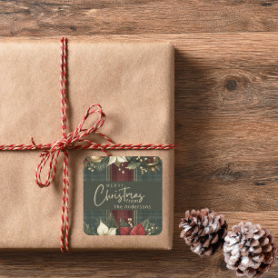Elegant Burgundy Plaid & Poinsettia Christmas Square Sticker