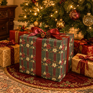 Elegant Burgundy Plaid & Poinsettia Christmas Wrapping Paper