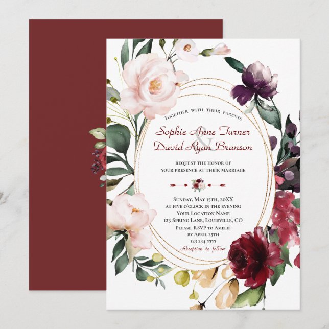 Elegant Burgundy Plum Blush Flowers Gold Wedding Invitation (Front/Back)