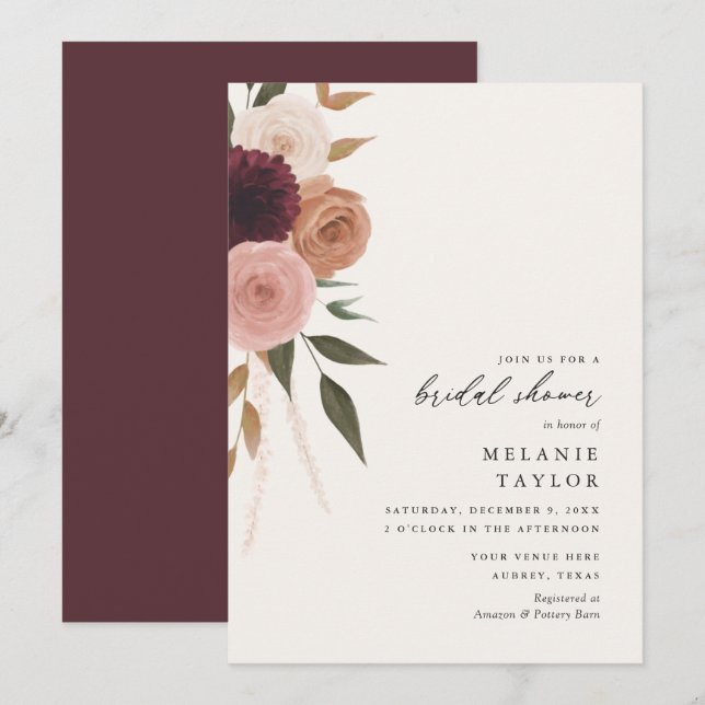 Elegant Burgundy Plum Floral Bridal Shower Invitation (Front/Back)