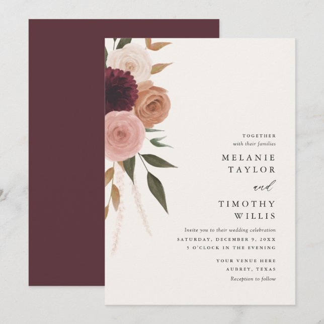 Elegant Burgundy Plum Floral Wedding Invitation (Front/Back)