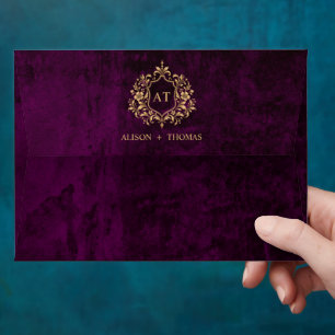 Elegant Burgundy Plum Gold Monogram Wedding Envelope