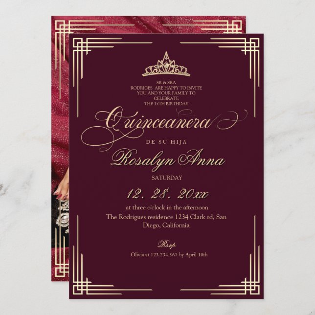 Elegant Burgundy Princess Quinceañera  Invitation (Front/Back)