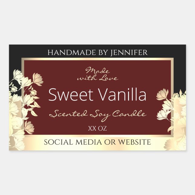 Elegant Burgundy Product Labels Floral Gold Frame (Front)