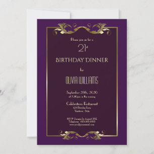 Elegant Burgundy Purple Gold 21st Birthday Dinner Invitation