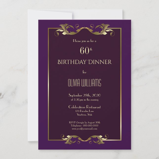 Elegant Burgundy Purple Gold 60th Birthday Dinner Invitation (Front)