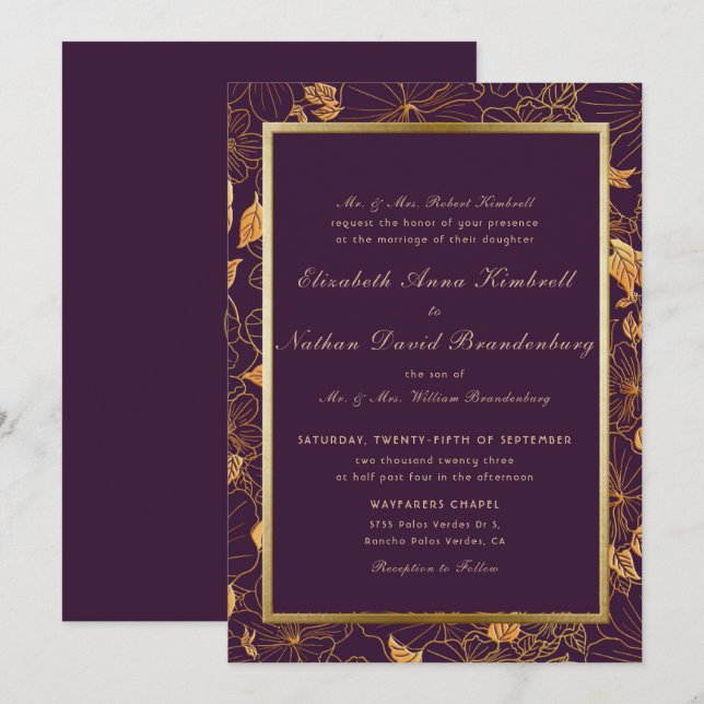 Elegant Burgundy Purple Gold Floral Wedding  Invitation (Front/Back)