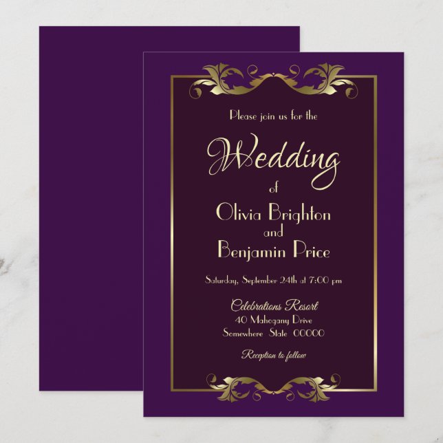 Elegant Burgundy Purple Gold Wedding Invitation (Front/Back)