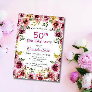 Elegant Burgundy Purple Rose Greenery Birthday  Invitation