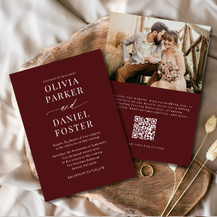 Elegant Burgundy QR Code Photo Wedding Invitation