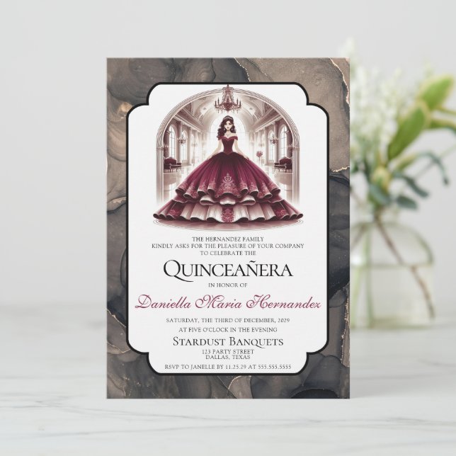 Elegant Burgundy Quinceañera Invitation (Standing Front)