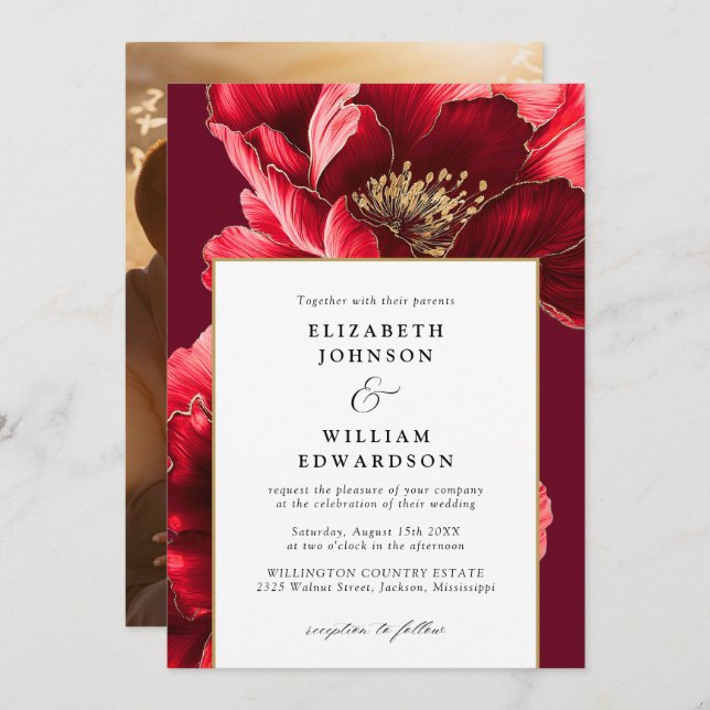 Elegant Burgundy Red And Gold Floral Photo Wedding Invitation (Front/Back)