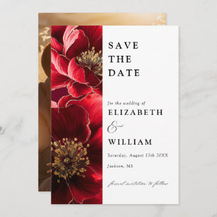Elegant Burgundy Red And Gold Floral Photo Wedding Save The Date