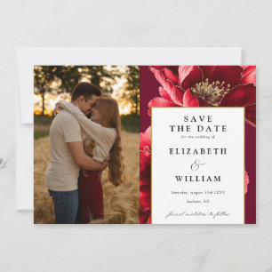 Elegant Burgundy Red And Gold Floral Photo Wedding Save The Date
