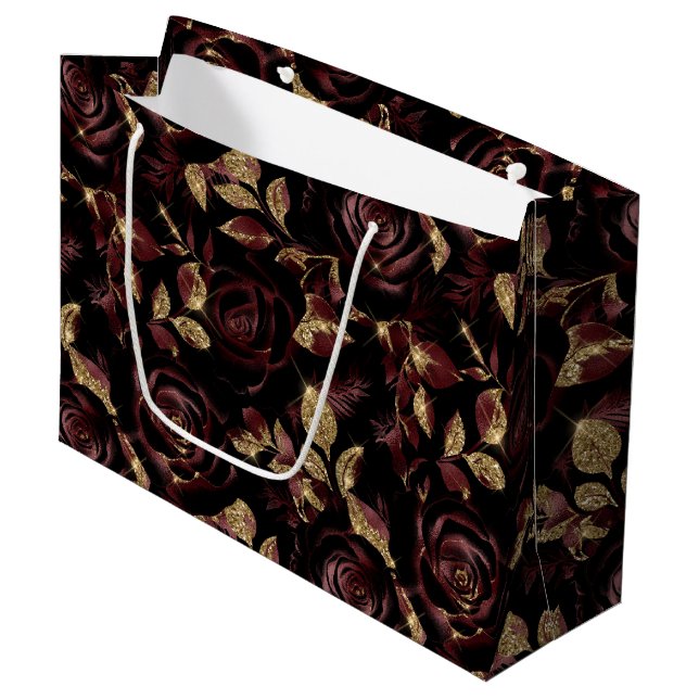 Elegant Burgundy Red and Gold Rose Floral Pattern Large Gift Bag (Front Angled)