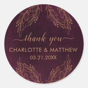 Elegant Burgundy Red And Gold Wedding Thank You Classic Round Sticker