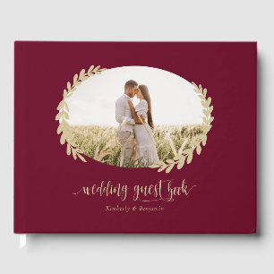 Elegant Burgundy Red and Gold Wreath Wedding Photo Guest Book