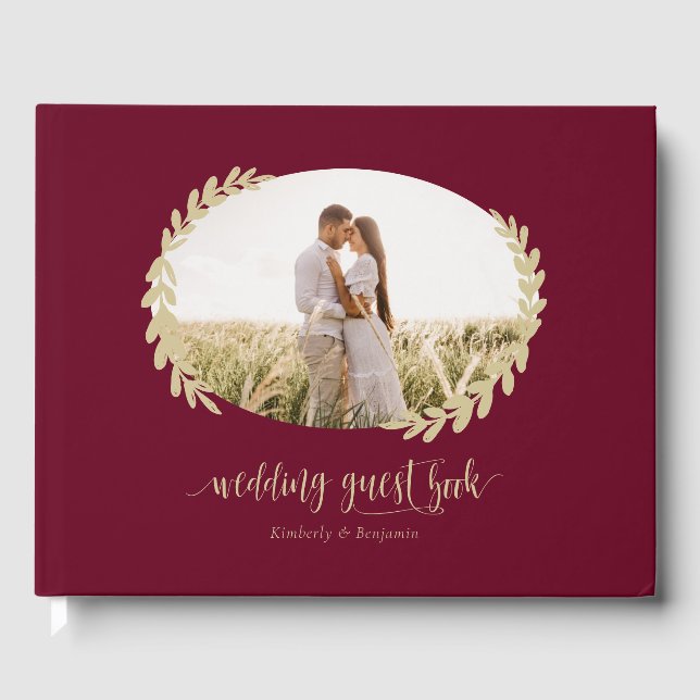 Elegant Burgundy Red and Gold Wreath Wedding Photo Guest Book (Front)