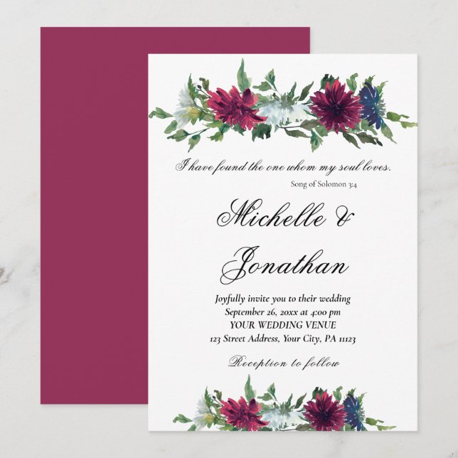 Elegant Burgundy Red Blue Floral Christian Wedding Invitation (Front/Back)