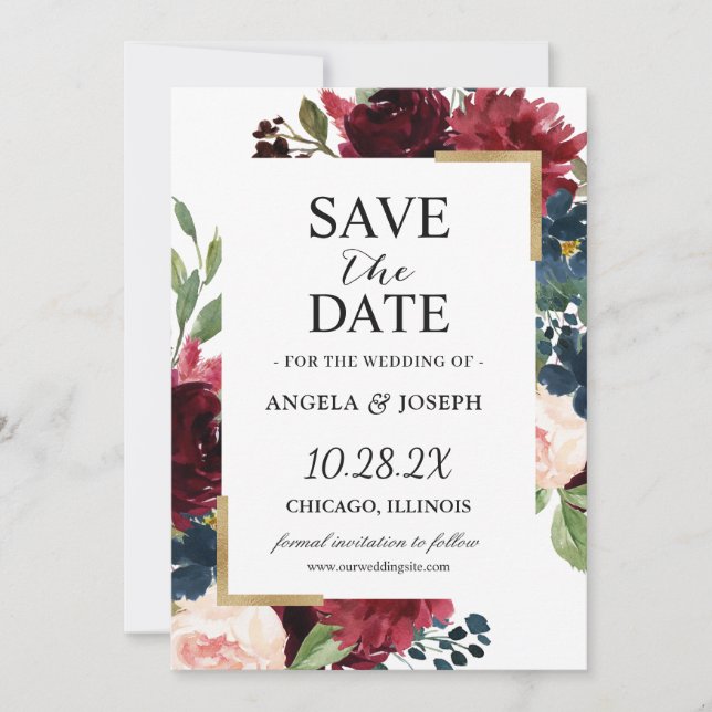 Elegant Burgundy Red Blush Blue Floral Wedding Save The Date (Front)