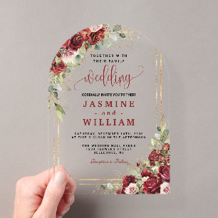 Elegant Burgundy Red Blush Gold Geometric wedding Acrylic Invitations