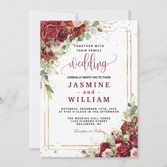 Elegant Burgundy Red Blush Gold Geometric wedding Invitation (Front)