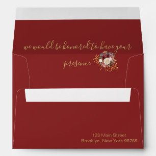 Elegant Burgundy Red Blush Roses Gold Invitation Envelope