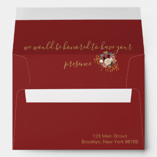 Elegant Burgundy Red Blush Roses Gold Invitation Envelope
