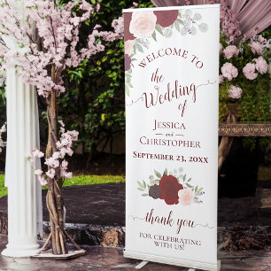 Elegant Burgundy Red & Blush Roses Wedding Welcome Retractable Banner