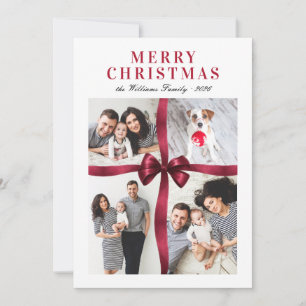 Elegant Burgundy Red Bow 4 Photo Collage Christmas Holiday Card