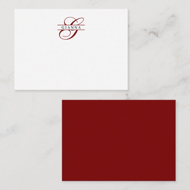 Elegant Burgundy Red Calligraphy Split Monogram Card (Front/Back)