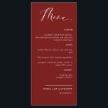 Elegant Burgundy Red Calligraphy Wedding Menu<br><div class="desc">Elegant burgundy red wedding or dinner reception Menu card. Contemporary, simple and elegant design with beautiful modern hand written calligraphy. Front and back background colour in burgundy. Ability to change both front and / or back background colour by selecting "customise further". Design available in a variety of colour choices. Part...</div>