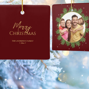 Elegant Burgundy Red Christmas Botanical Photo Ceramic Ornament