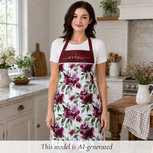 Elegant Burgundy Red Floral Apron