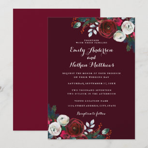 Elegant Burgundy Red Floral Christmas Wedding Invitation